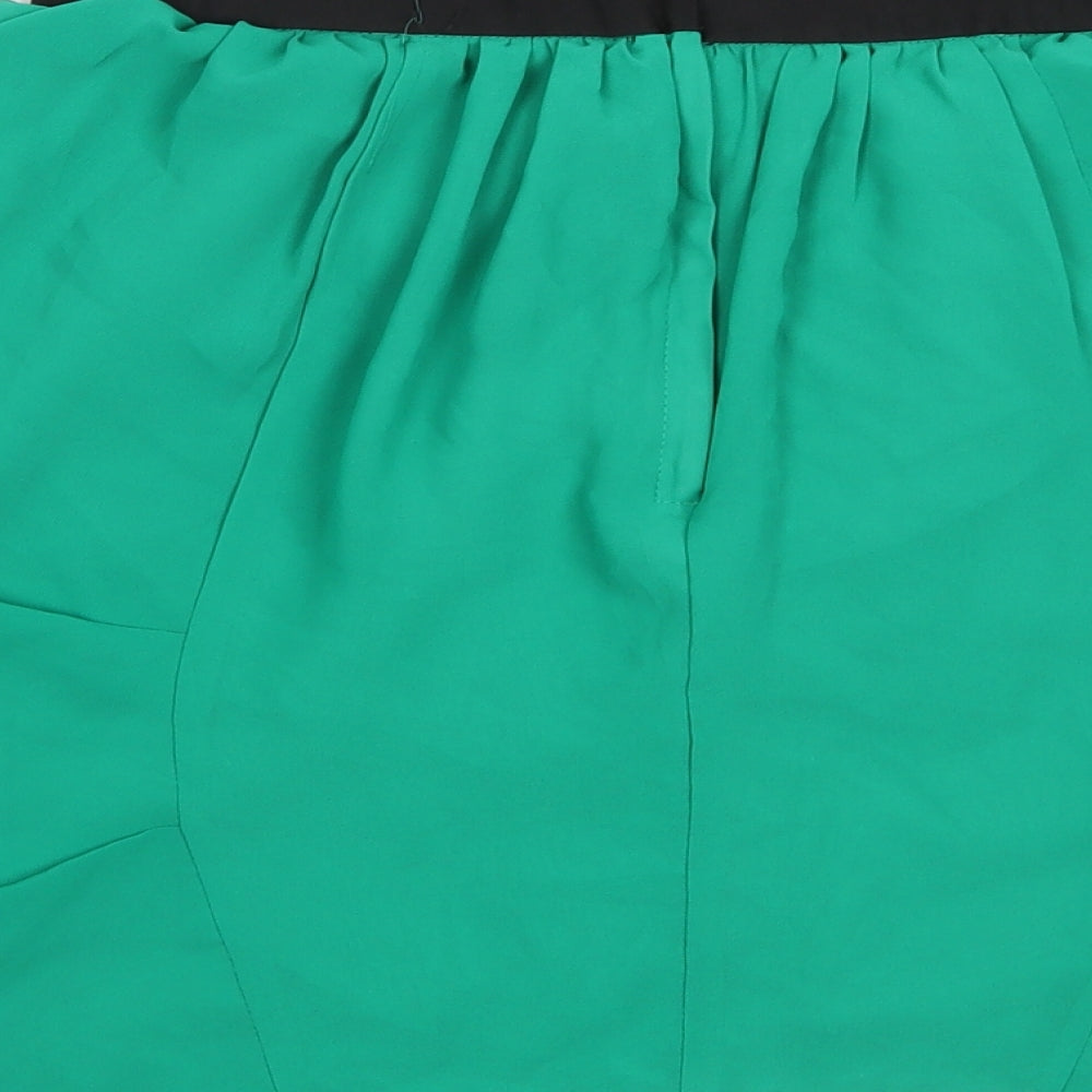 Brand and care label for H&M women’s green a-line skirt, size UK 10