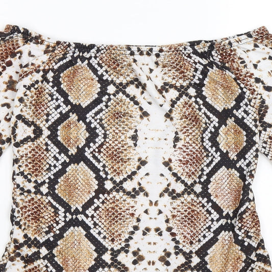 Close-up detail of PRETTYLITTLETHING women’s brown animal print bodysuit one-piece, size UK 10, - snake skin
