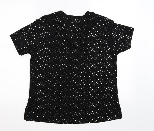 Back view of adam collection women’s black polka dot basic t-shirt, size M