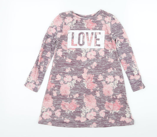 Primark Girls Purple Floral Knit T-Shirt Dress Size 5-6 Years - Love