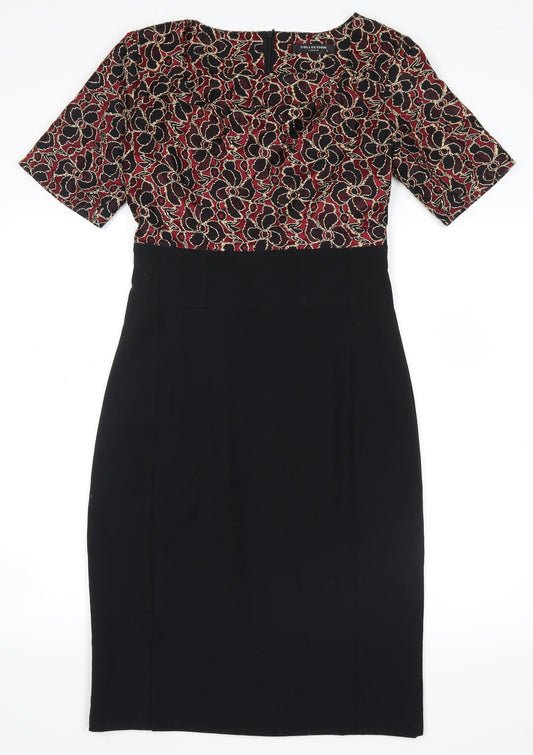 Additional front view of Collection london women’s black floral shirt dress, size UK 8