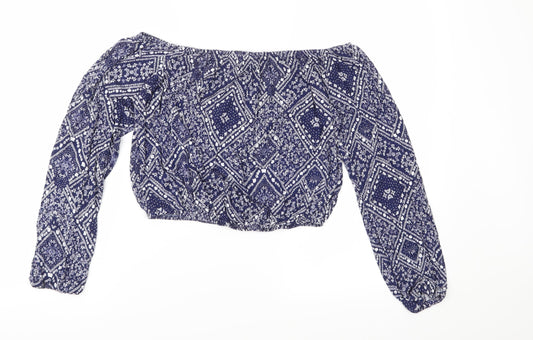 Divided Womens Blue Floral Jersey Cropped Blouse Size S
