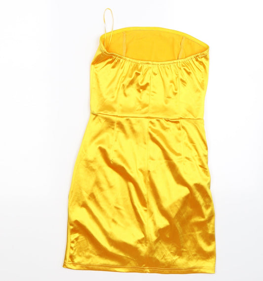 Back view of In the Style women’s yellow satin wrap dress, size UK 8