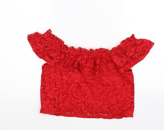 Miss Selfridge Womens Red Floral Lace Cropped T-Shirt Size 12