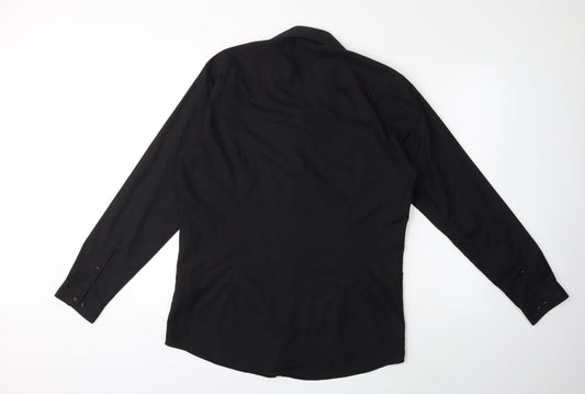 Mens UK Size 16 Cedar Wood State Black Button-Up Long Sleeve Casual Shirt