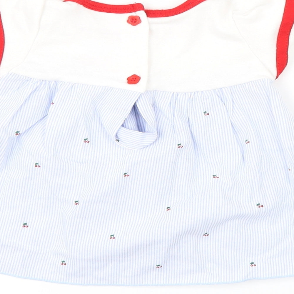 Brand and care label for Aardvark girls’ blue striped a-line, size 6-9, months - cherries
