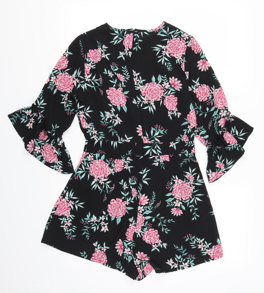 Primark Womens Black Flecked  Playsuit One-Piece Size 8 L3 in - Pink Flowers