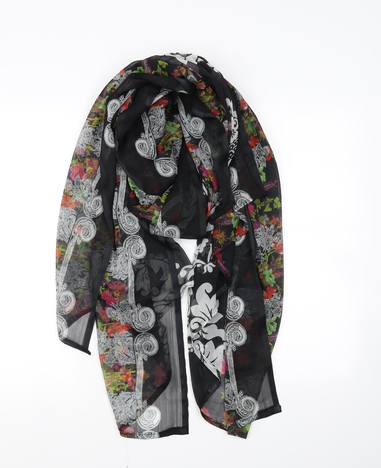 Preworn Womens Black Floral Scarf