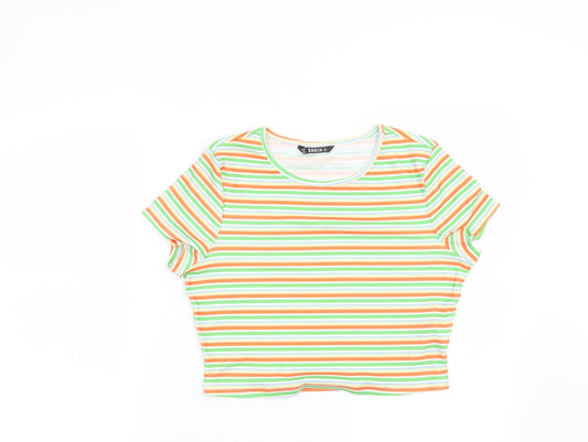 SHEIN Womens Green Striped Basic T-Shirt Size L