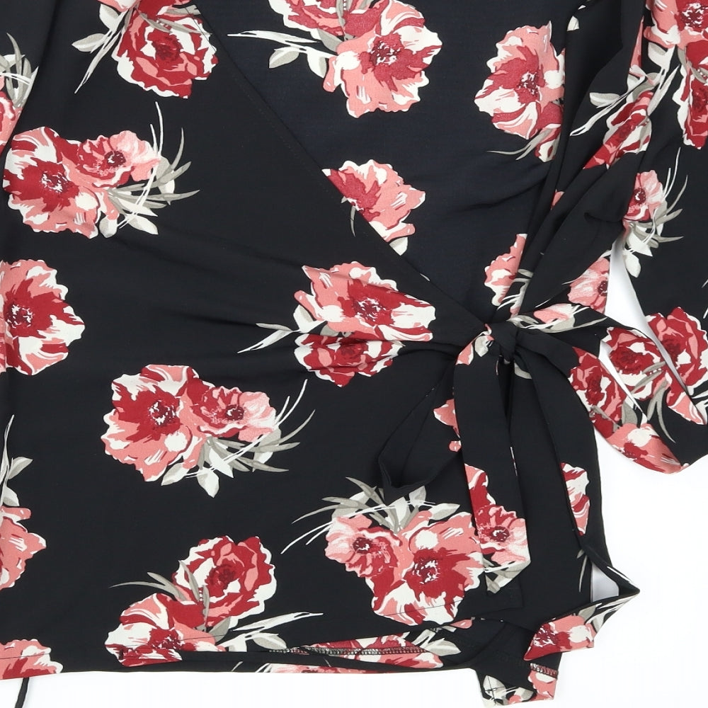 Primark Womens Black Floral Wrap Blouse Size 8