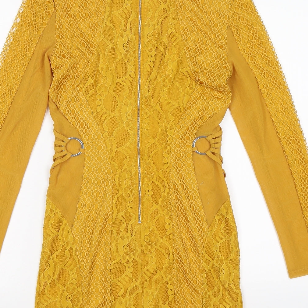 Brand and care label for ASOS women’s yellow floral lace bodycon, size UK 8