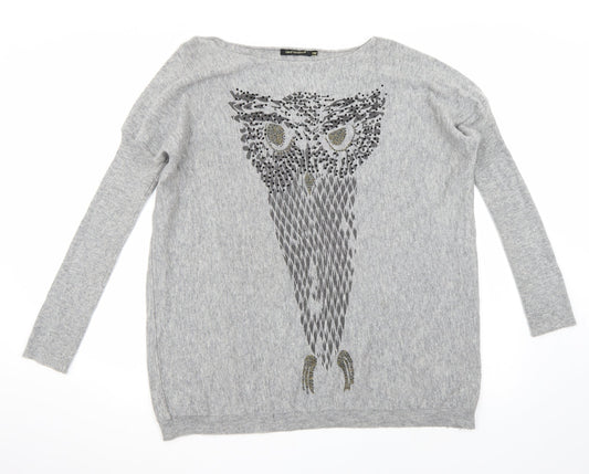 QED London Womens Grey Pullover Jumper Size S - Sequined Owl
