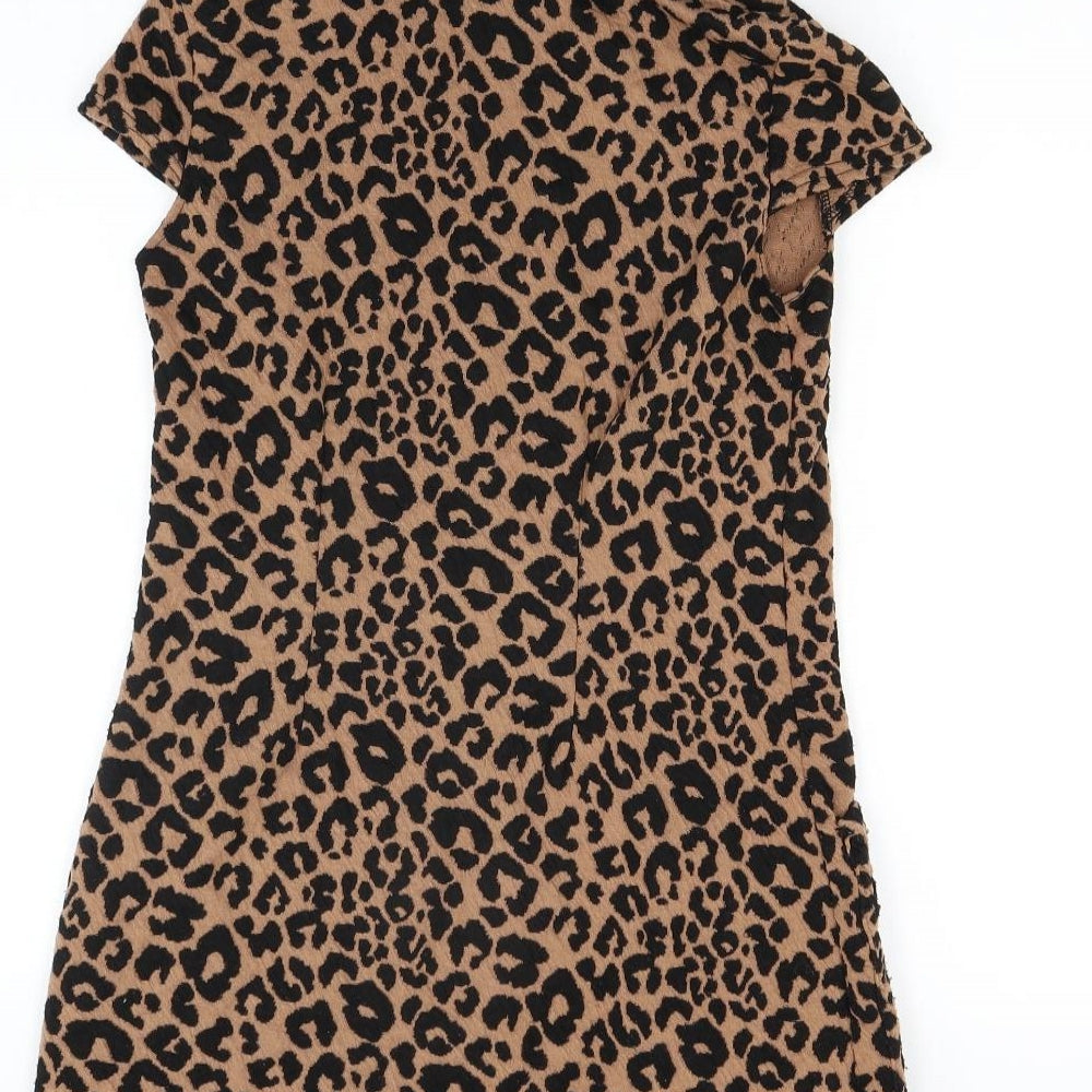 Quiz Womens Brown Animal Print A-Line Size 8