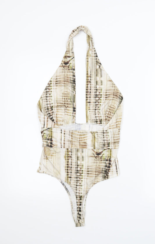 PRETTYLITTLETHING Womens Beige Striped Leotard One-Piece Size 8