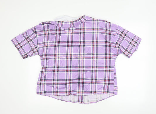 Bershka Womens Purple Check Basic Button-Up Size L - Cut Out Shoulder