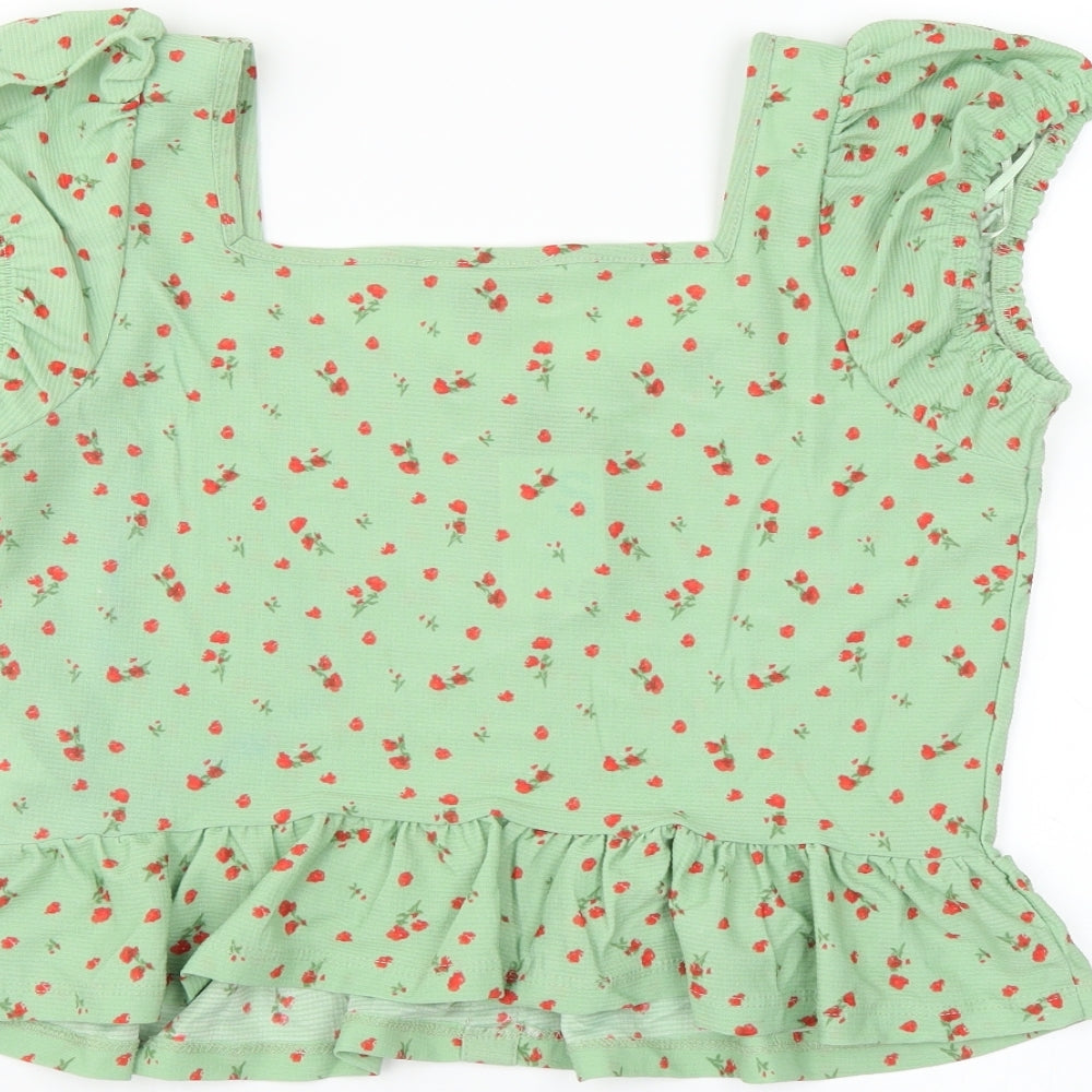 Primark Womens Green Floral Basic Blouse Size S - ruffle hem