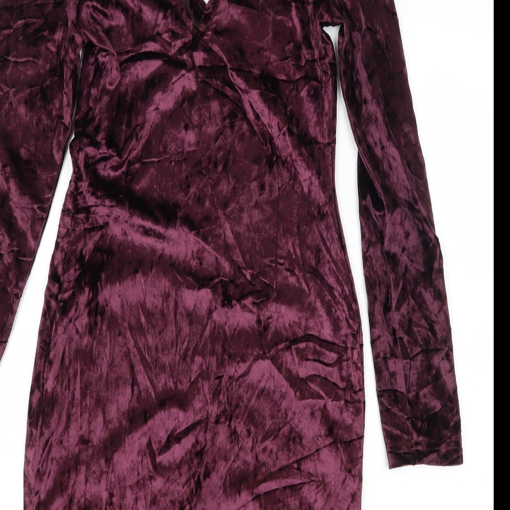 Primark Womens Purple Velvet Bodycon Size 8 - Lace up detail