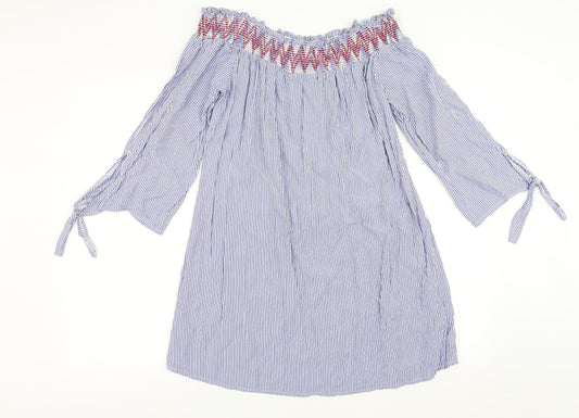 Papaya Womens Blue Striped Shift Size 12 - Embroidered