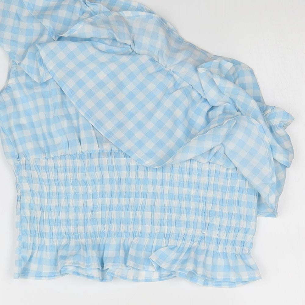 Boohoo Womens Blue Plaid Basic Blouse Size 14