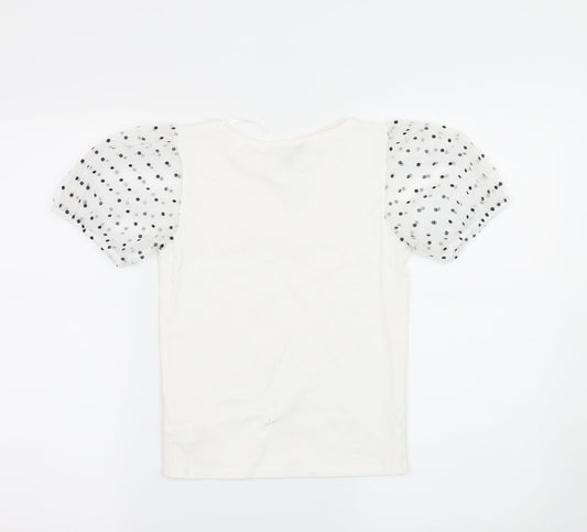 Primark Womens White Polka Dot Jersey Basic T-Shirt Size 6 - sheer sleeves