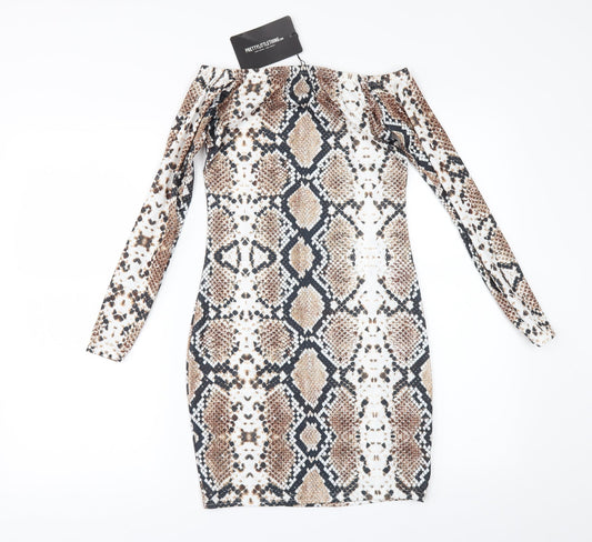 PRETTYLITTLETHING Womens Brown Animal Print Bodycon Size 10