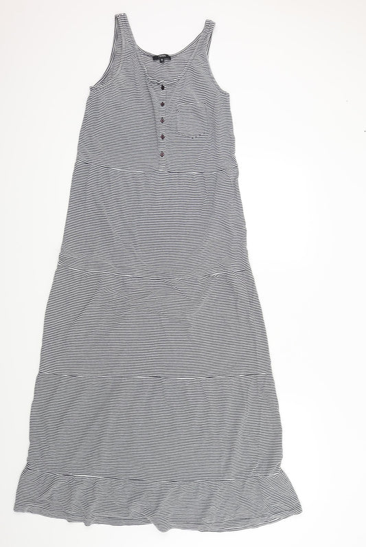 Additional front view of Papaya women’s blue striped a-line, size UK 10, - frill detail