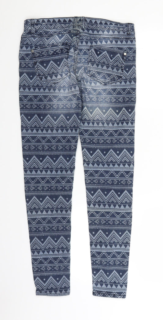 Primark Womens Blue Geometric Denim Straight Jeans Size 10 L28 in