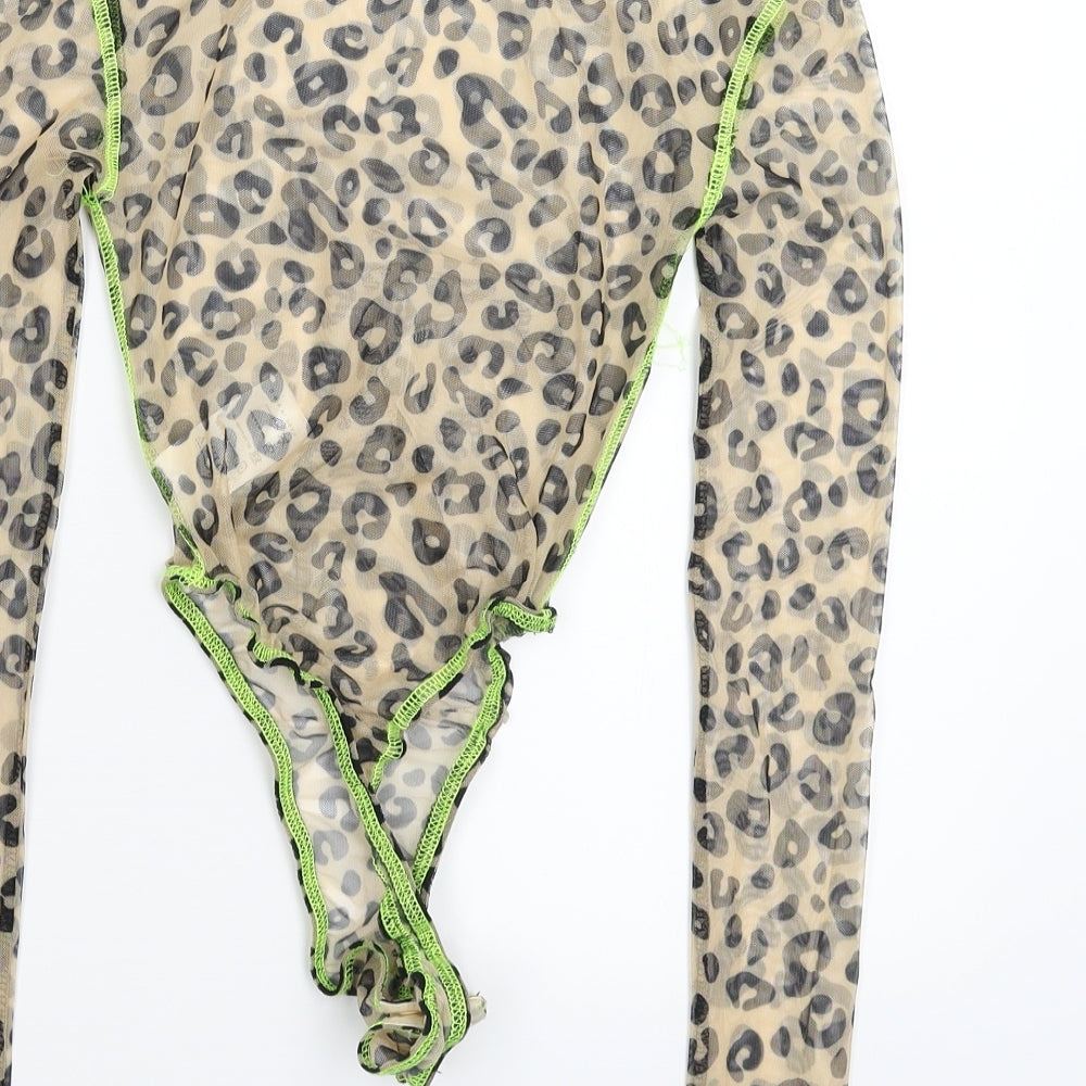 Oh Polly Womens Beige Animal Print Bodysuit One-Piece Size 4