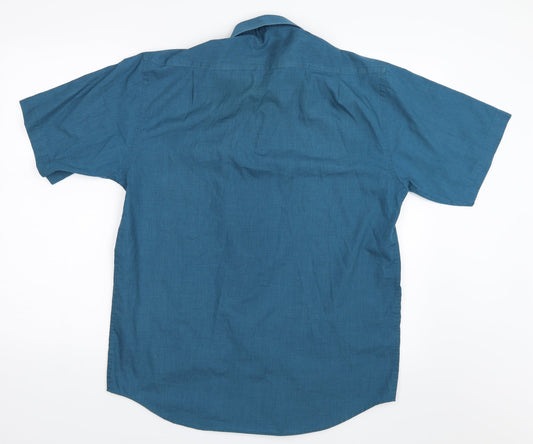Mens UK Size 15.5 Essentials Blue Button-Up Short Sleeve Casual Shirt