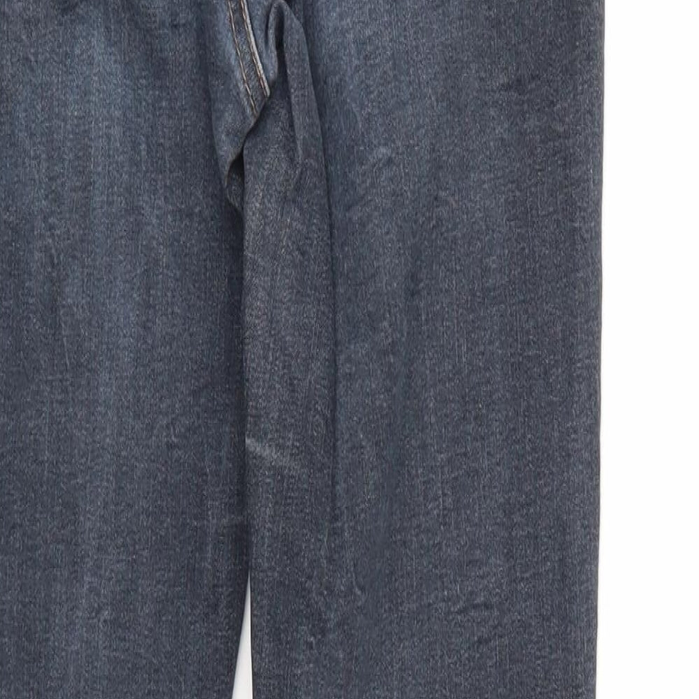 Brand and care label for New Look women’s blue denim tapered jeans, size UK 10, 27-inch leg