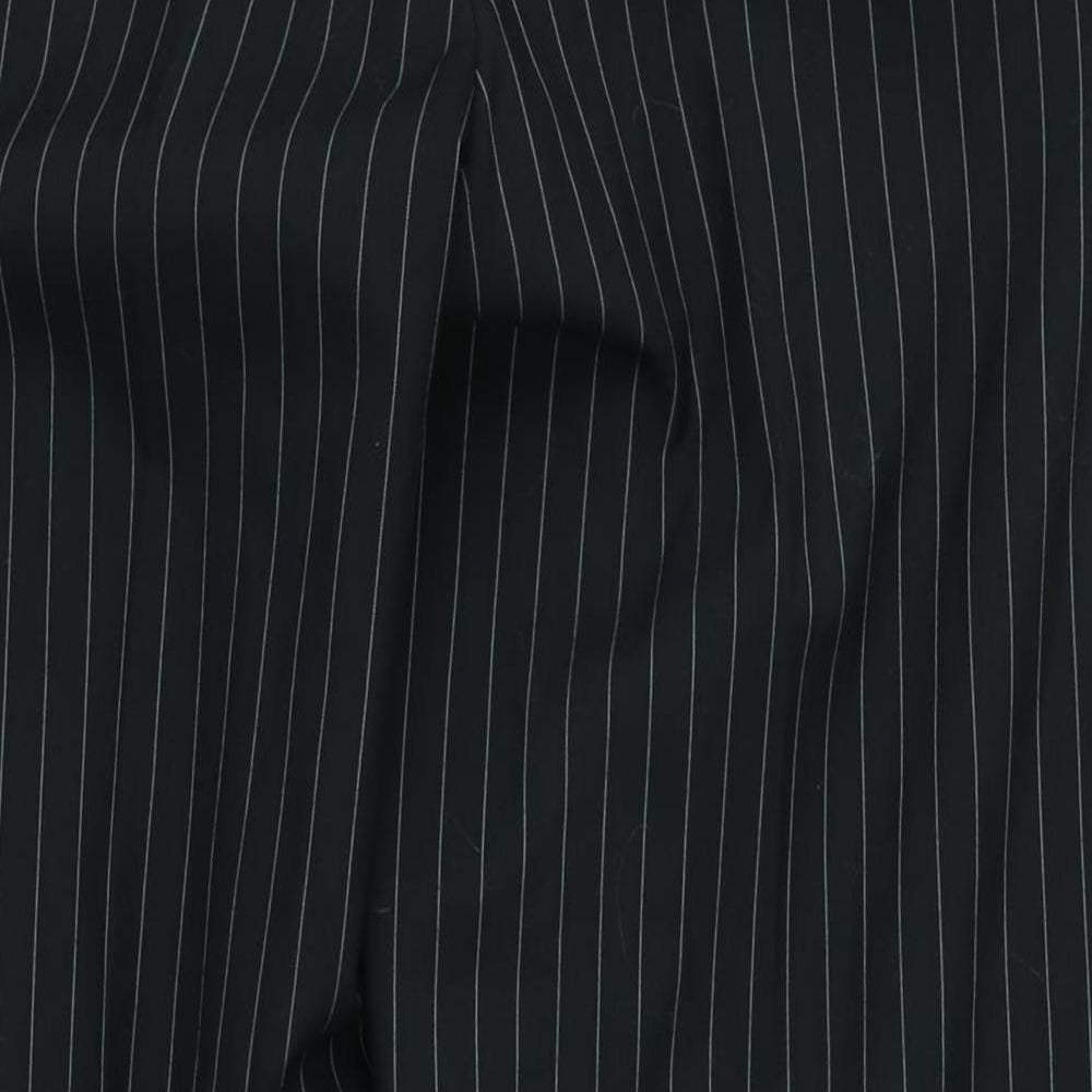 Brand and care label for Preworn men’s black striped capri trousers, size 38, in, 26-inch leg