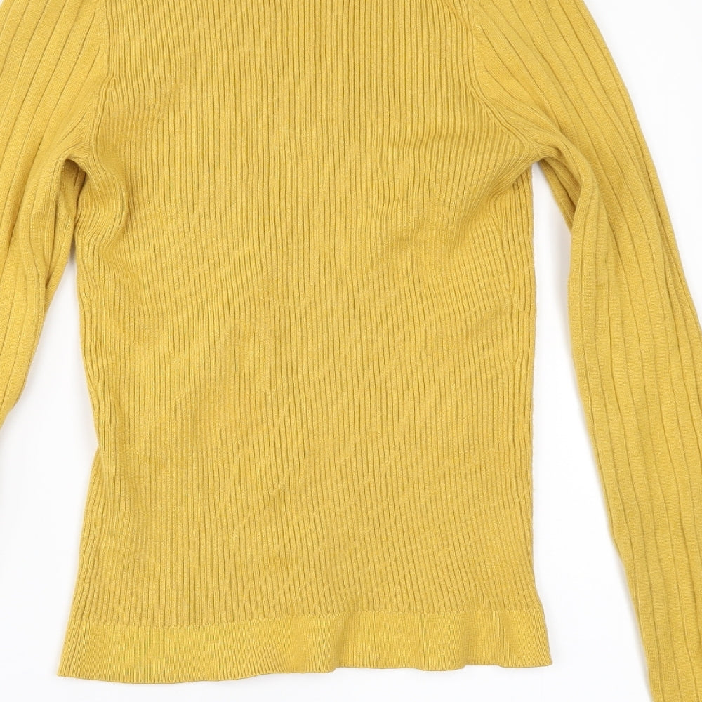 Brand and care label for New Look women’s yellow jumper, size UK 12