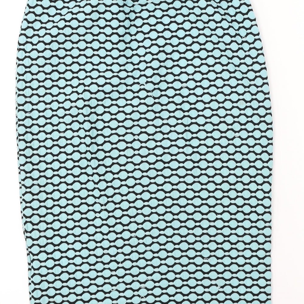 Brand and care label for New Look women’s blue polka dot bandage skirt, size UK 8