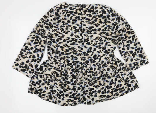 Back view of QED London women’s beige animal print basic blouse, size UK 12