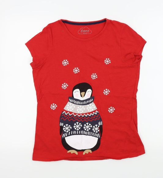 Additional front view of Nutmeg women’s red houndstooth basic t-shirt, size UK 10, - penguin, snow flakes