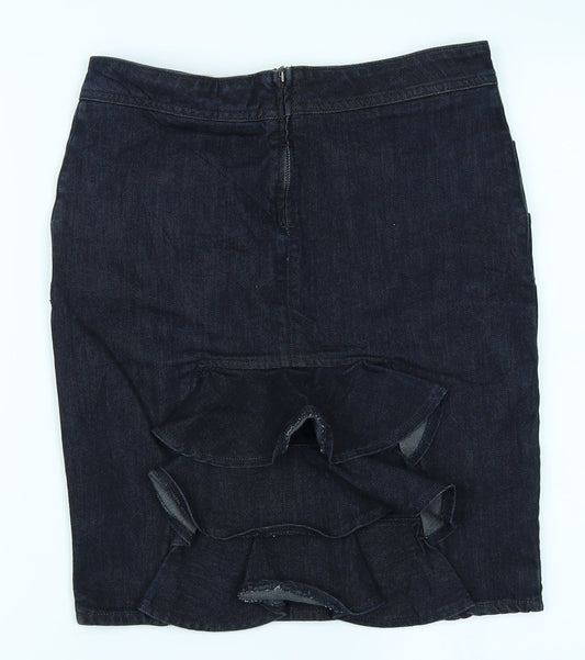 Back view of Miss Selfridge women’s blue denim a-line skirt, size UK 10