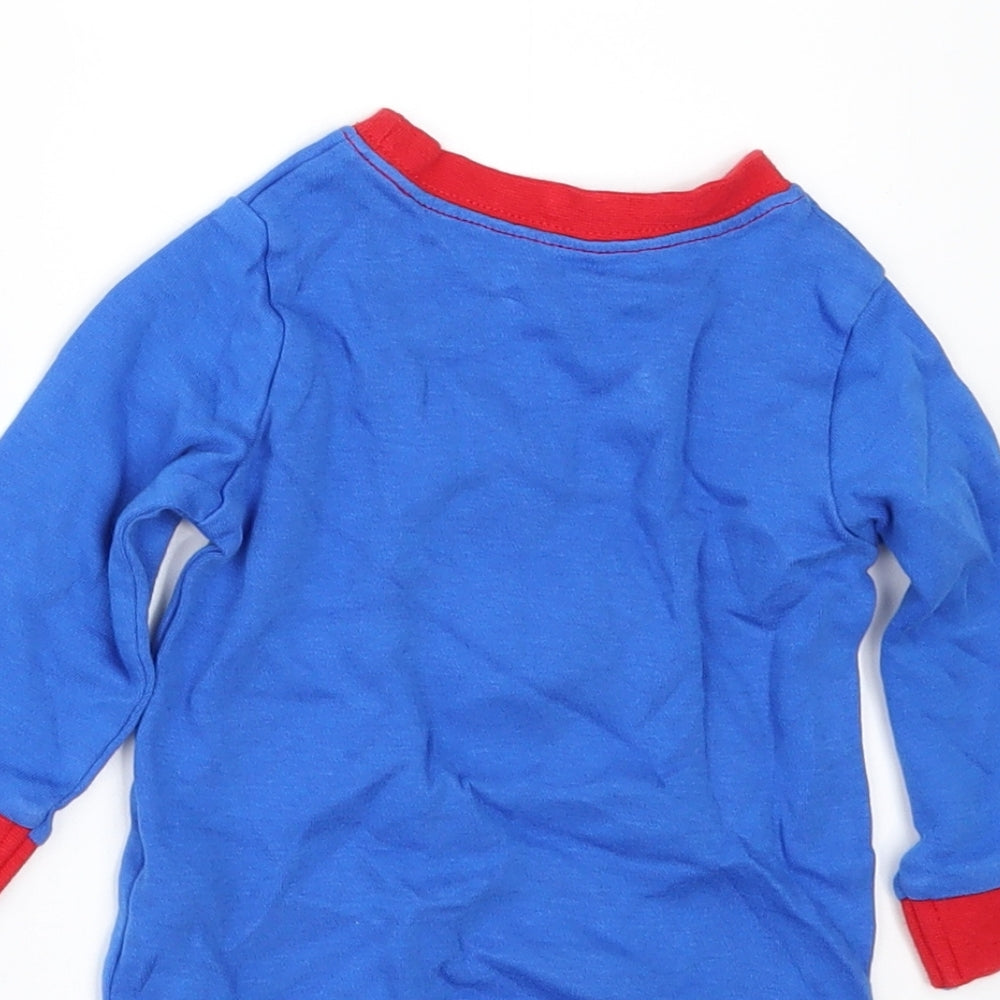 Brand and care label for George boys’ blue basic t-shirt, size 6-9, months - super hero
