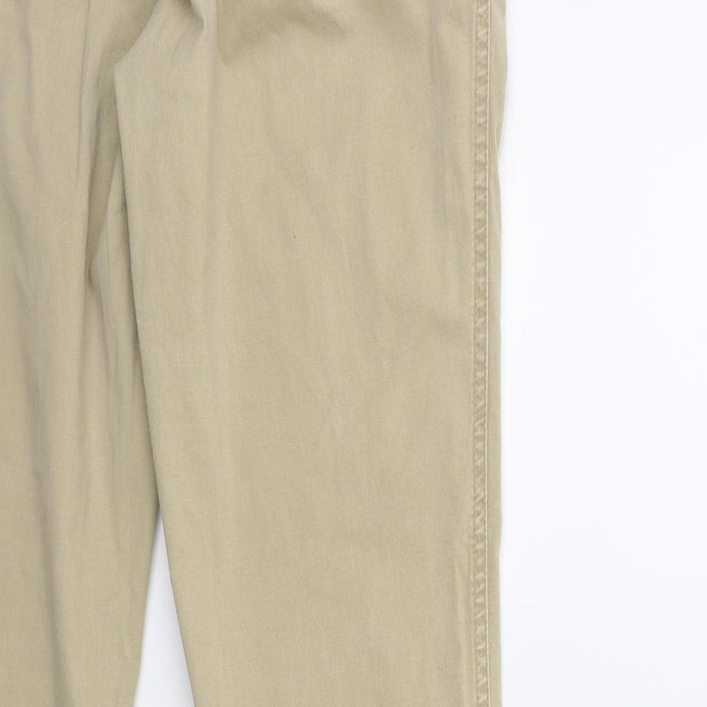 Brand and care label for New Look women’s beige trousers, size UK 12, 28-inch leg