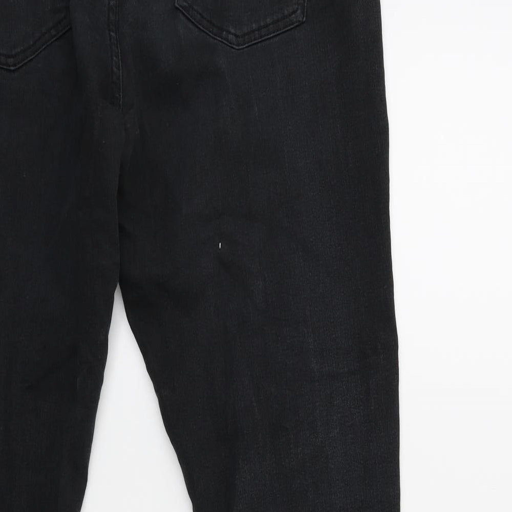 Brand and care label for Denim & Co. women’s black denim straight jeans, size UK 14, 28-inch leg