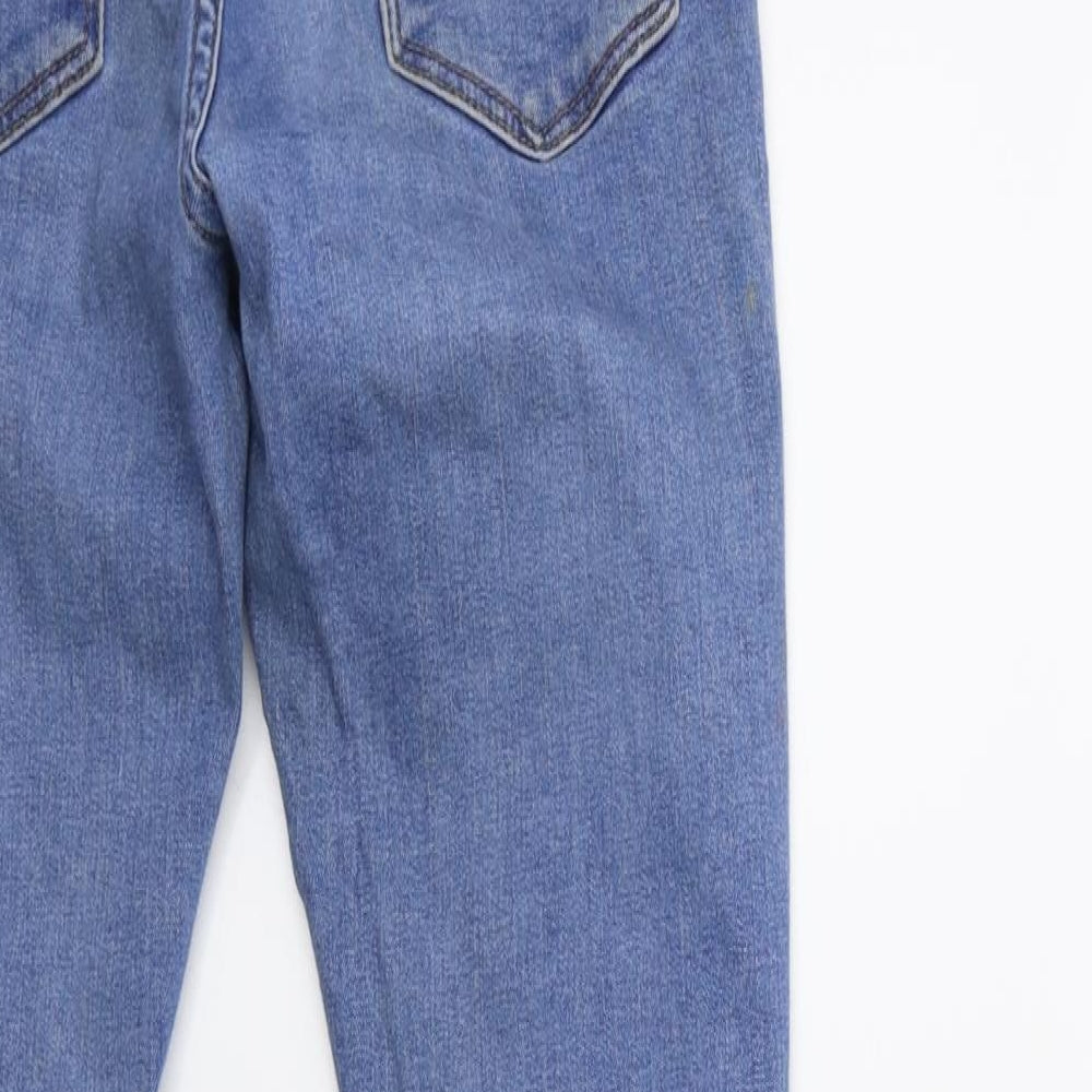 Brand and care label for Topshop women’s blue denim skinny jeans, size UK 25, in, 28-inch leg