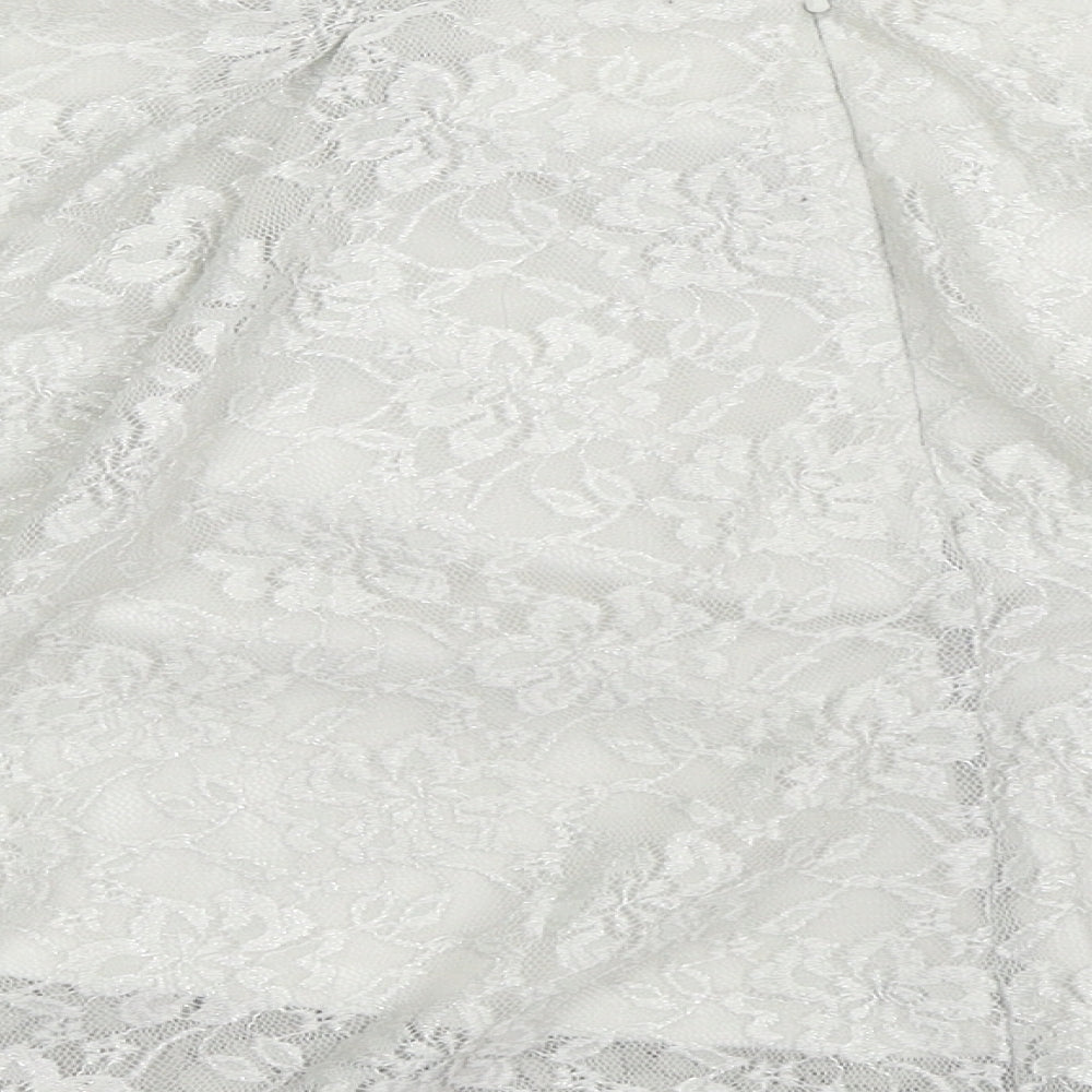 Brand and care label for Miss Selfridge women’s grey lace skater skirt, size UK 10