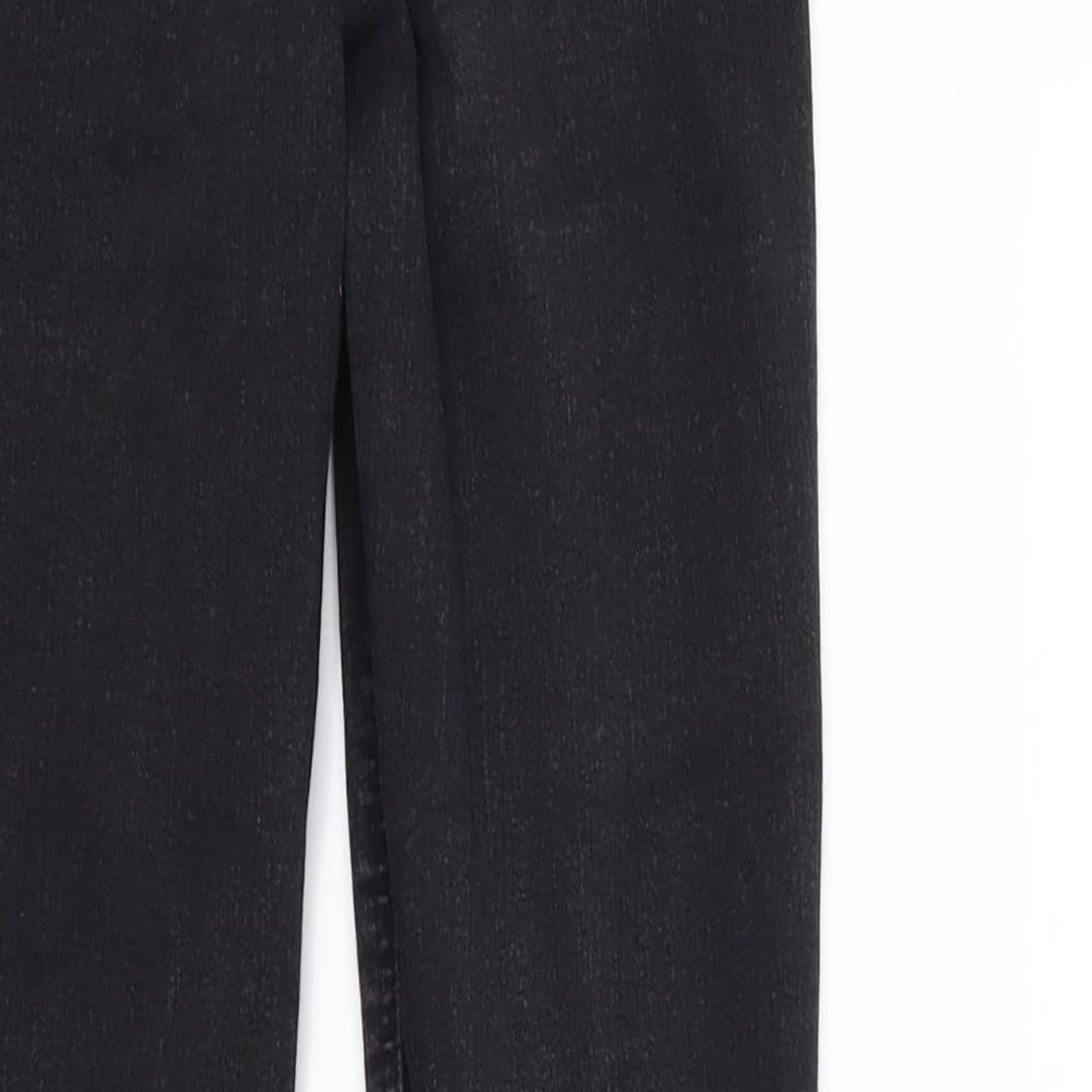 Brand and care label for Topshop women’s black denim skinny jeans, size UK 25, in, 26-inch leg