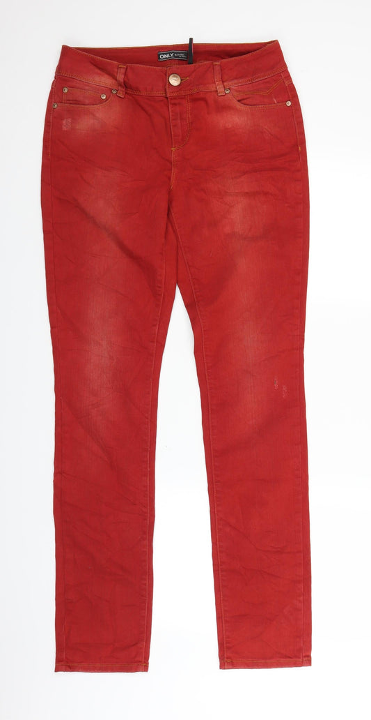 Additional front view of Only women’s red denim straight jeans, size UK 31, in, 32-inch leg