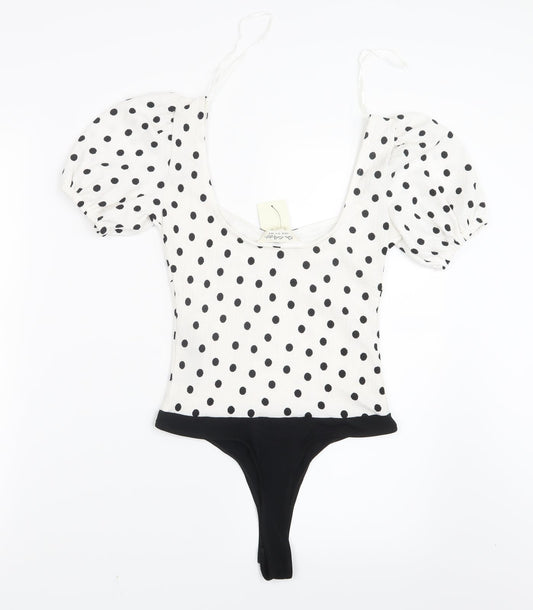 Miss Selfridge Womens White Polka Dot  Bodysuit One-Piece Size 4
