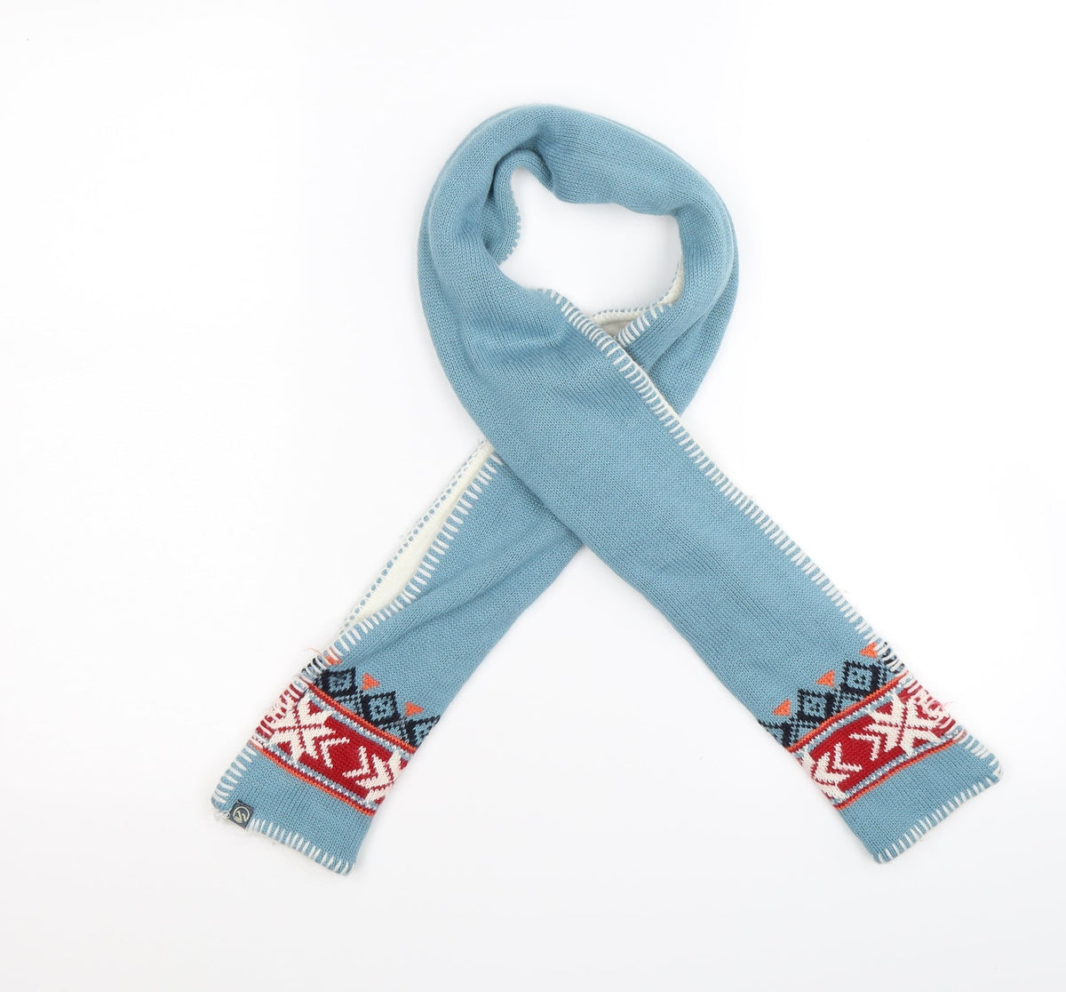 Front view of Hawkshead unisex blue knit scarf