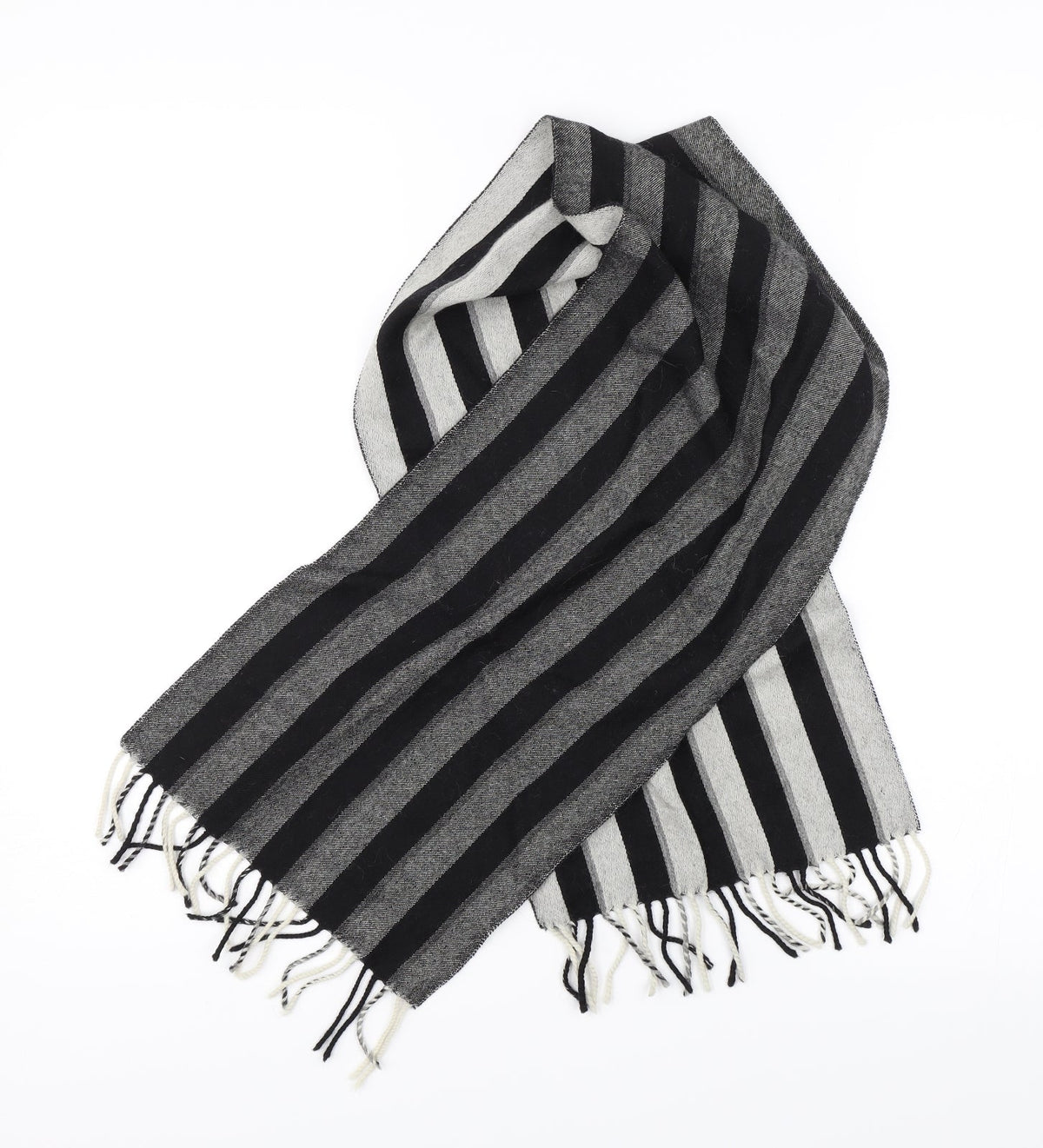 Front view of Preowrn unisex grey striped scarf