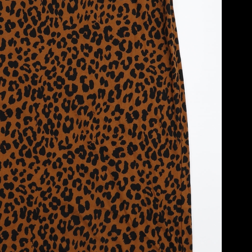 Brand and care label for ASOS women’s brown animal print tank dress, size UK 8
