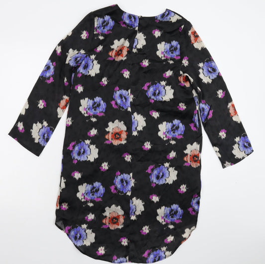Topshop Womens Black Floral Satin Shirt Dress Size 8