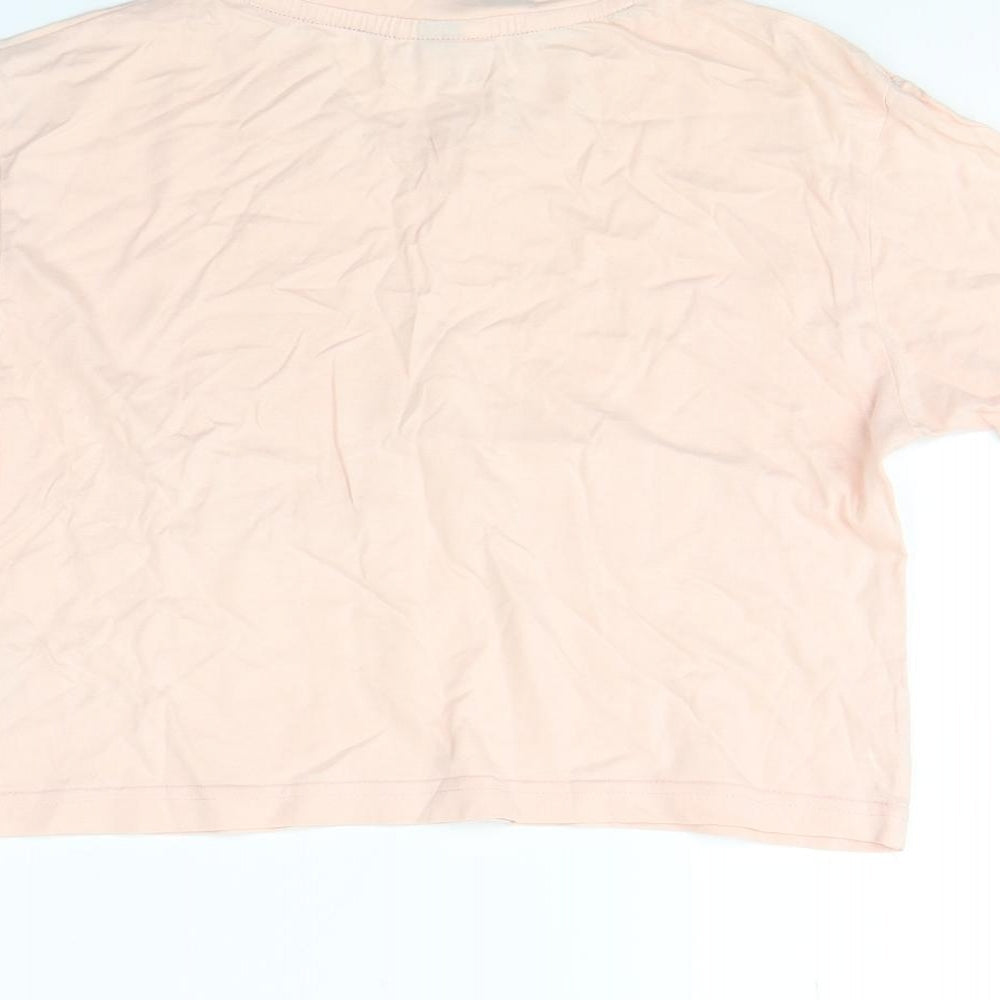 Brand and care label for Ellesse women’s pink cropped t-shirt, size UK 4