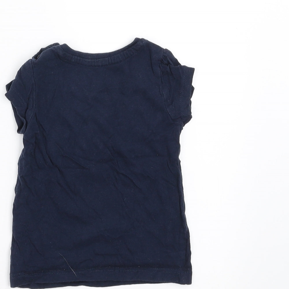 Brand and care label for Primark girls’ blue basic t-shirt, size 6-9, months - unicorn